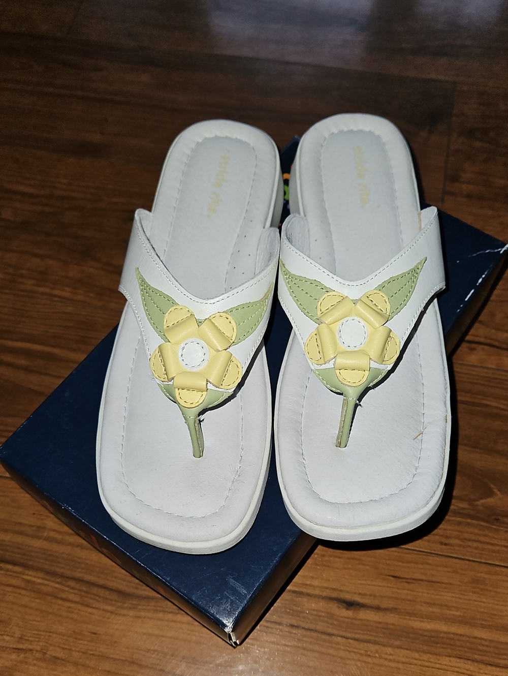Stride Rite White Leather Sandal with Yellow and Light Green Flower Accents - Picture 7 of 12